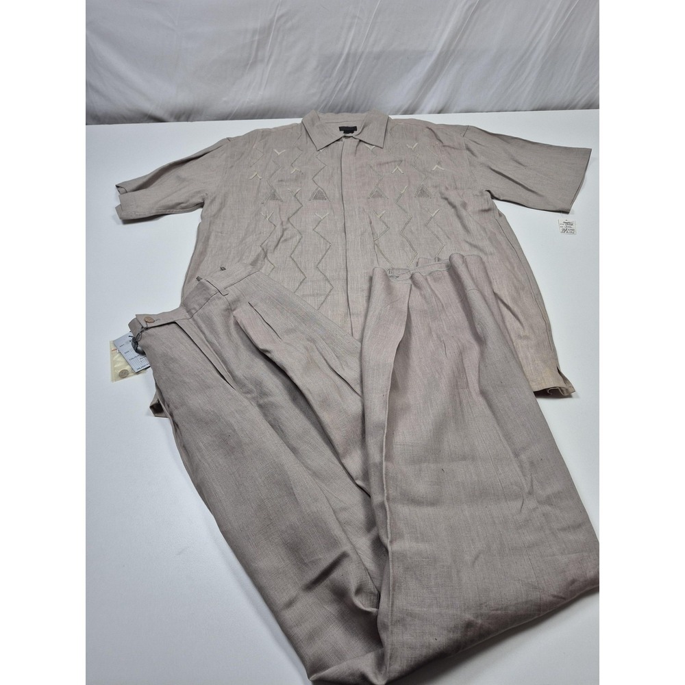 Prestige Shirt Men's 3XL Beige Linen Embroidered Button Up Pants 40x36Set